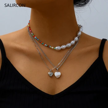 

Salircon Multi Layer Baroque Pearl Heart Pendant Necklace Women Colorful Seed Beads Chain Choker Necklace Boho Couple Jewelry