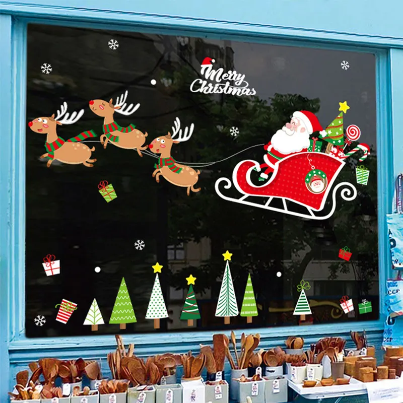 Christmas Cartoon Window  Stickers Removable Santa Clause Snowman Showcase Shop Glass Mural Home New Year Decoration