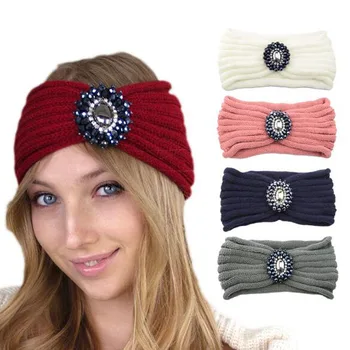 

Crystal Rhinestone Curled Knitting Wool Hairband Women Ladies Sports Hair Hoop Headband Handmade Winter Warm Hair Accessories