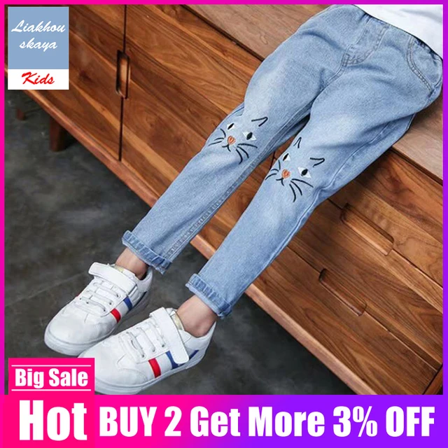 US $6.91 Children's Jeans For Girls Denim 2019 New Fashion Jeans Pants Lovely Cat Print Bottom Kids Trousers