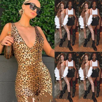 

Womens Playsuit Sleeveless Striped Leopard Print Slim Jumpsuit Romper Sexy V-Neck Casual Clubwear Playsuit Summer Women 2019 New