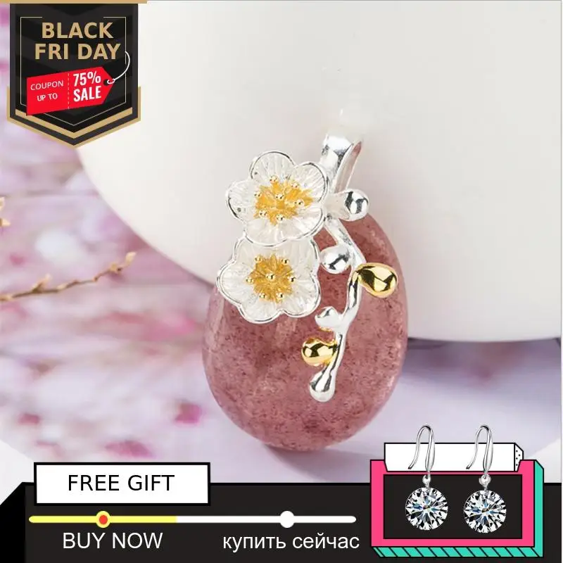 

NOT FAKE S925 Sterling silver handmade agate fine jewelry Strawberry Quartz handicraft vintage artistic boutique Pendant