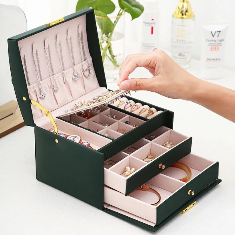 Top Selling Simple 3-layer Leather Drawer Type Jewellery Box Organizer Storage With Key Earrings Ring For Women Jewelry Gift Box