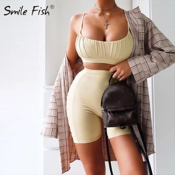 

Fitness Legging Solid Sporty Skinny Femme Tracksuit Women's Sexy 2 Pieces Sets Ruched Spaghetti Strap Crop Top Shorts Suit G1605