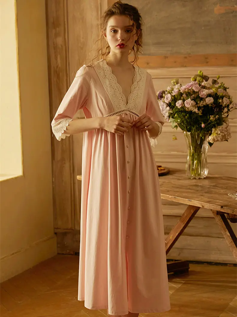 Элегантная открытая кружевная женская ночная одежда с v-образным вырезом в стиле пэчворк, домашняя одежда, белое хлопковое ночное белье, винтажная ночная рубашка, халат T489 - Цвет: Розовый