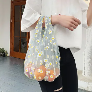 

2020 Spring Women Small Transparent Tote Mesh Cloth Bag Daisy Embroidery Handbag High Quality Fruit Bag Purse Shopping Clutch