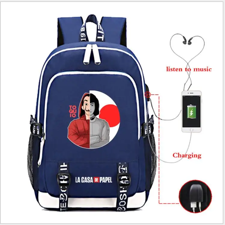 La Casa De Papel Оксфорд рюкзак usb зарядка школьная сумка бумажный дом музыка mochila рюкзак дорожная сумка рюкзак для ноутбука - Цвет: as pictures