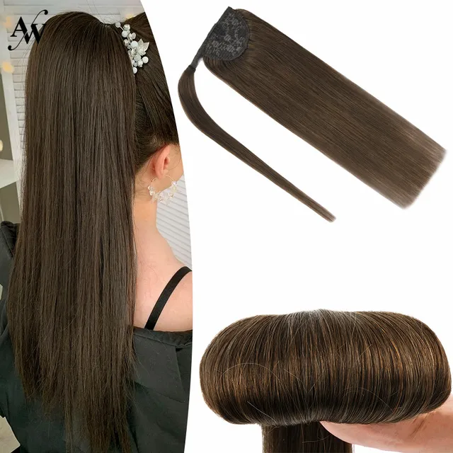 AW 12''-24'' Ponytail Human Hair Wrap Around Machine Remy Hair Extensions Brazilian Hair Extensions Clip Ins Blonde Brown Color #8