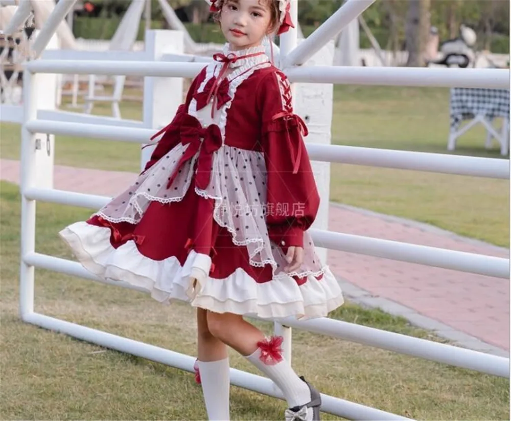 Palace Lori girl Lace Knee-length Dress Lass Sweet Christmas long Sleeve Japan Style Children Lolita Dress B816