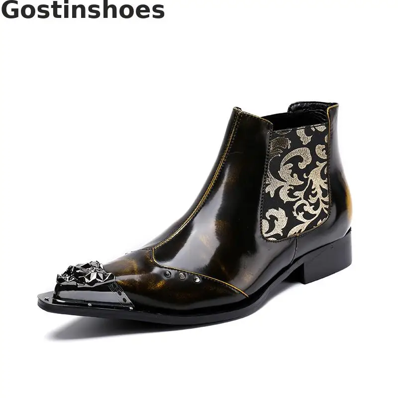 

Autumn Fashion Men Boots Yellow Genuine Leather Wing Tip Metal Capped Toe Slip-on Ankle Short Boots Men Martin Boots