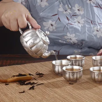 

Silver teapot S999 pure silver tea set, practical heat insulation kung fu tea cup, silverware, silver cup, gift for elders
