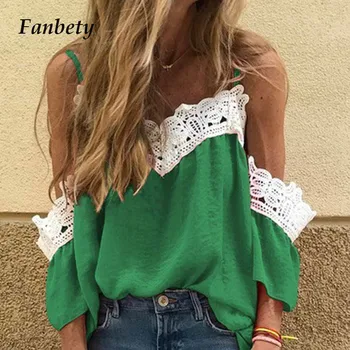 

Women Summer strap Lace partchwork Tops Blouses Lady Sexy Off Shoulder Beach Blouse shirts Female 2020 New Fashion streetwear