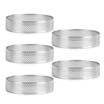 

5 Pcs Circular Porous Tart Ring Bottom Tower Pie Cake Mould Baking Tools Heat-Resistant Perforated Cake Mousse Ring, 8cm