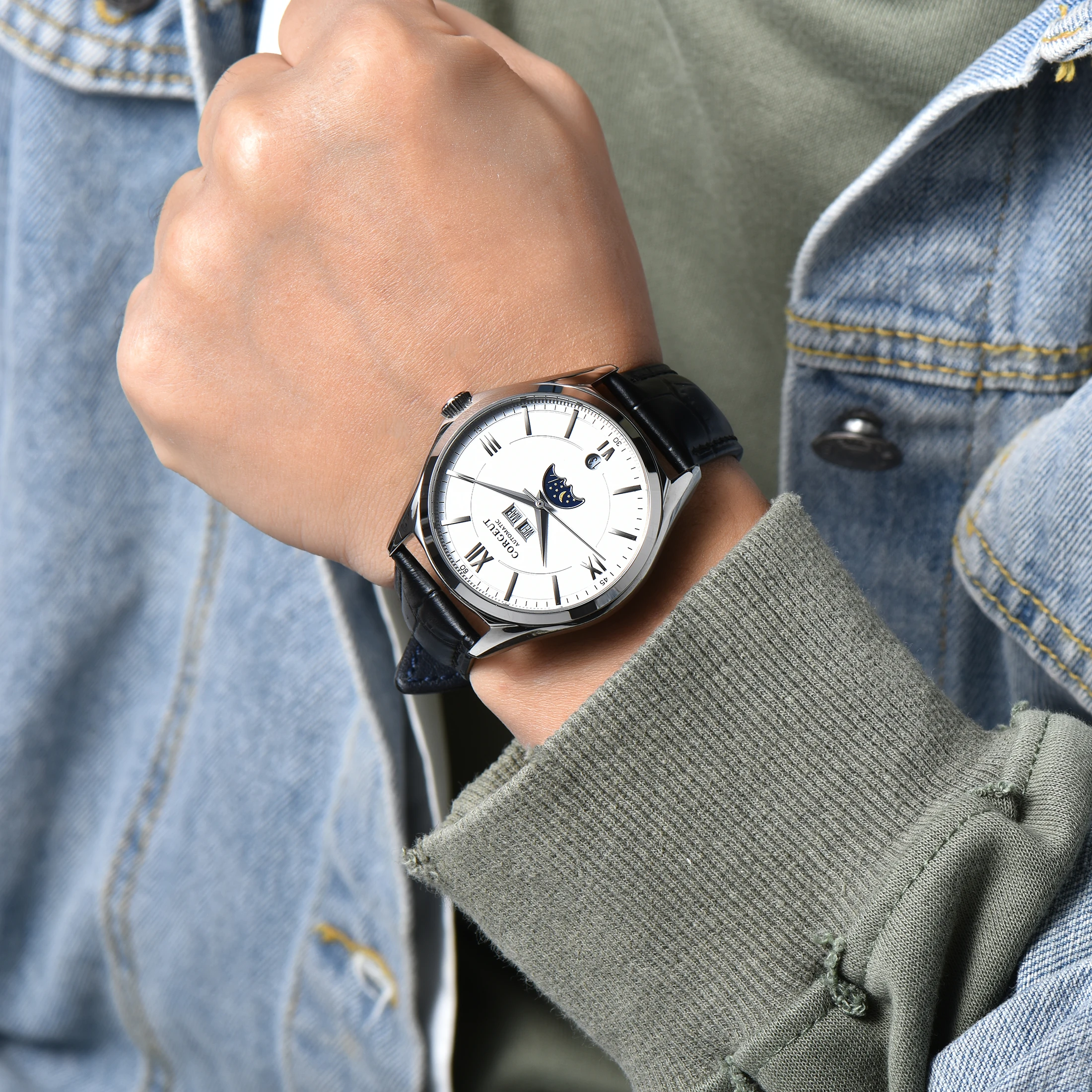 Tanie Corgeut 41MM Top luksusowej marki mężczyzn zegarek fashtion faza księżyca męskie zegarki automatyczne mechaniczne zegarki na rękę wodoodporna 2051