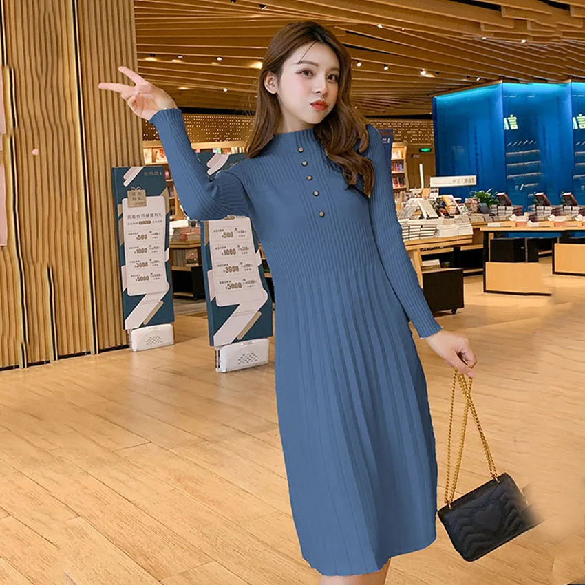 

2019 Autumn Winter Dress Fall Clothes For Women Knitted Turtleneck Sweater Dress Midi Pleated Dresses Robe Femme Dropshipping