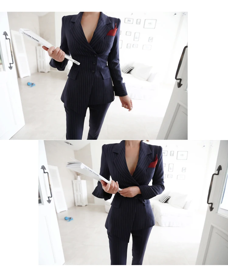 Women Fancy Striped Pants Suits Single Breasted Blazer Blazer and Slim Pencil Pants 2-Piece Set Women Business Suits