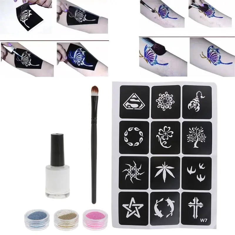 Temporary Shimmer Glitter Powders Tattoo Stencils Brush Glue Kit Body Art Supply T4MB