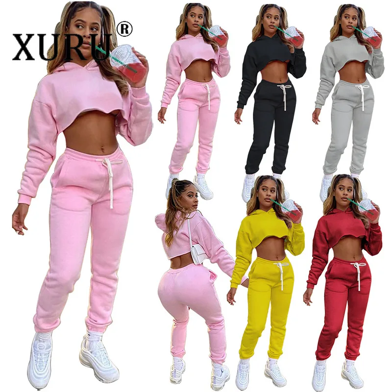 

XURU European and American Women's Sexy Jumpsuit with Velvet Thickening Casual Sports Autumn and Winter Jumpsuit Two-piece Suit