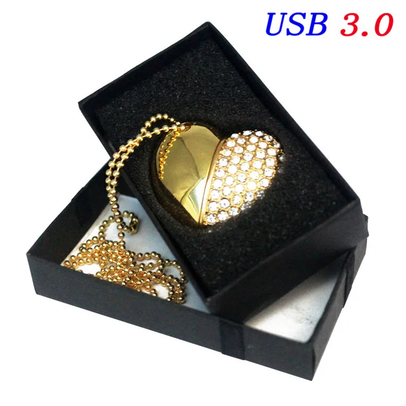 USB 3,0 Металлический Алмазный кристалл сердце с коробкой USB флэш-накопитель 16 ГБ 32 ГБ 64 Гб 128 ГБ флеш-накопитель Флэшка привод индивидуальный логотип Подарочный - Цвет: Gold