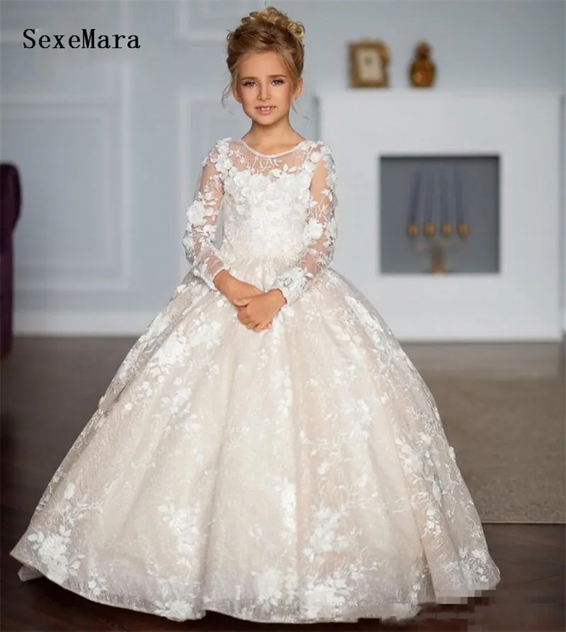 High Quality White/Ivory First Communion Dress For Little Girl Long Sleeve Kids Wedding Party Pageant Gown Size2-16 | Детская одежда и