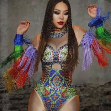 Красочные Кисточкой рукавом комбинезон для женщин Стразы платье певица сценическая одежда сексуальный ГОГО танцор костюм Вечерние боди с бахромой