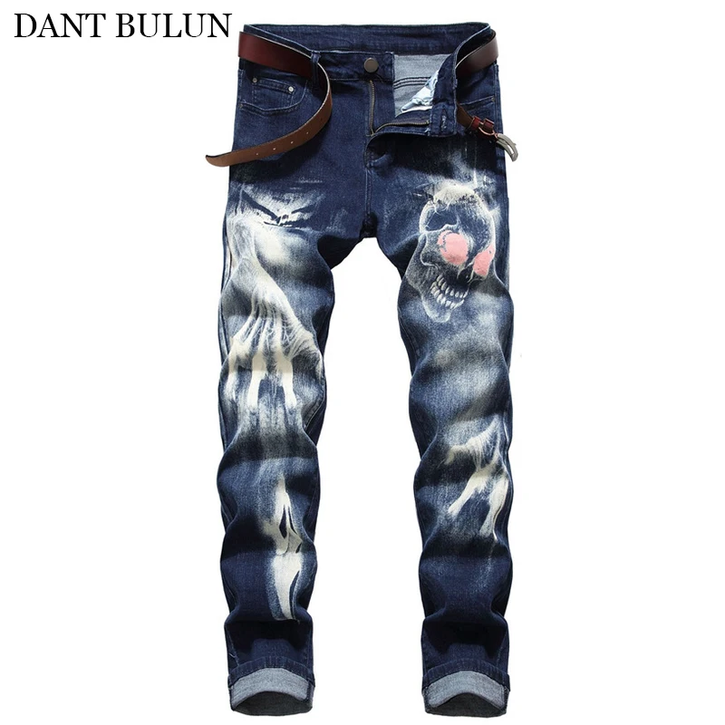 

Fashion Mens Jeans Skinny Slim Fit Color Personal Designer Printed Jeans Homme Men Punk Pants Hip Hop Jeans Skull Deco Trousers