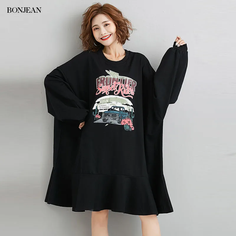 

Kawaii Women Spring Dress Loose Letter Car Printed Loose Long Sleeve Vintage Dresses Plus Size Cotton Casual Dress Vestidos 2020
