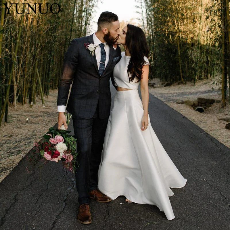 Western Country Satin Two Pieces Wedding Dresses 2019 Bohemian Summer Beach Bridal Gown Simple Cheap Customized vestido de noiva (1)_副本