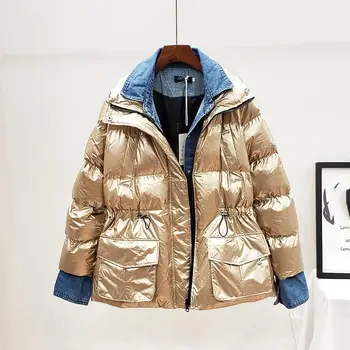 

Cowboy Patchwork Parkas Winter Bright Cotton Warm Jacket Drawstring Lace Up Waist Thicken Cotton Coat