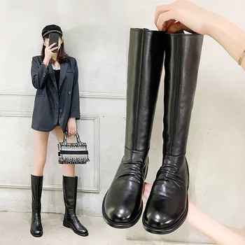

2020New Arrival Winter Boots Genuine Leather Boots Comfortable Low Heel Round Toe Black Color Knee High Boots Women