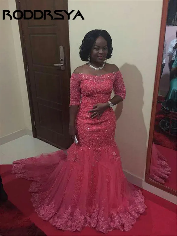 

Elegant Red Lace Mermaid Evening Dress With Half Sleeves Off The Shoulder Plus Size African