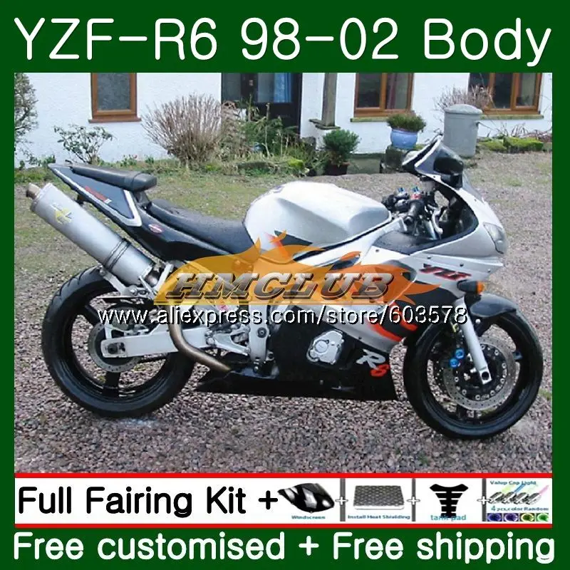 Корпус для YAMAHA YZF600 YZF-R6 1998 1999 2000 2001 2002 53CL. 14 YZF R6 600 R 6 YZF-600 YZFR6 98 99 00 01 02 обтекателя черный серебристый - Цвет: No. 1