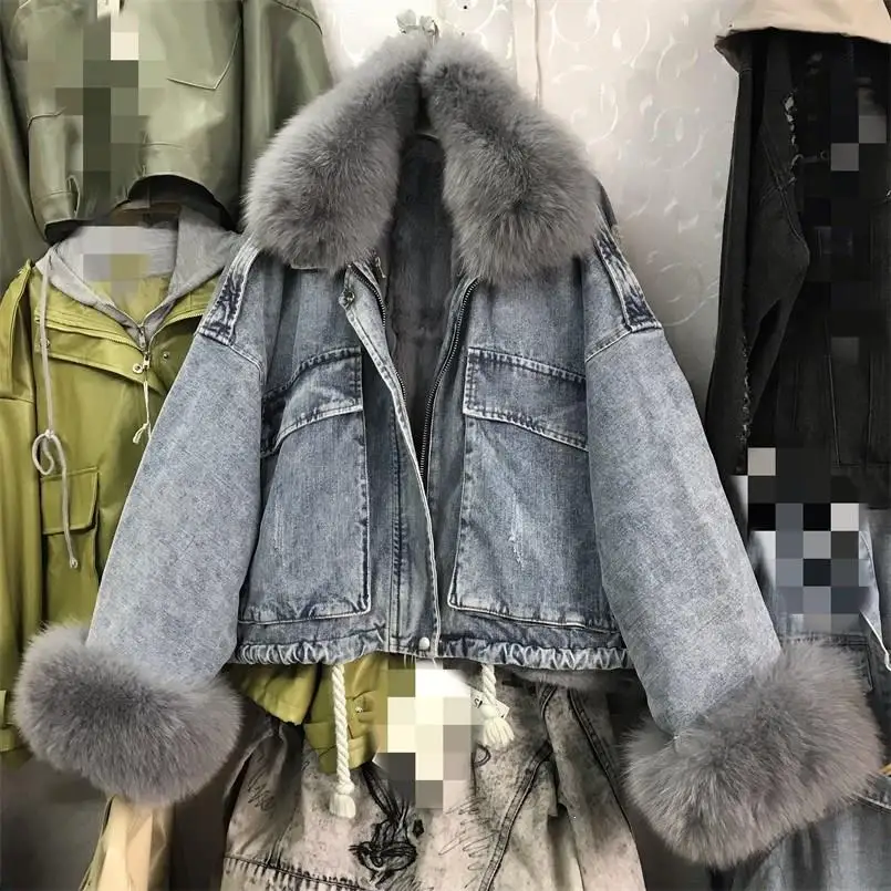

Winter Coats Denim Jacket Turn-Down Collar Women Natural Rabbit Fur Iiner Winter Parkas Fox Fur Collar Fur Denim Coat