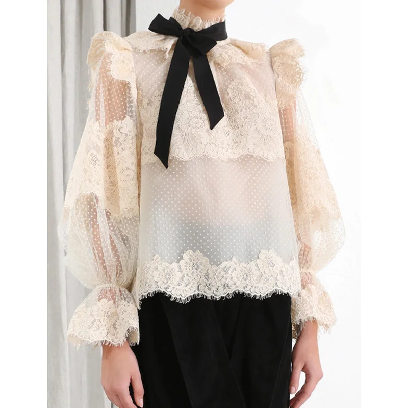

Espionage Corded Lace Blouse Women Sweet Lady Tops Lace Up Buff Autumn Winter Runway Design Dropshipping