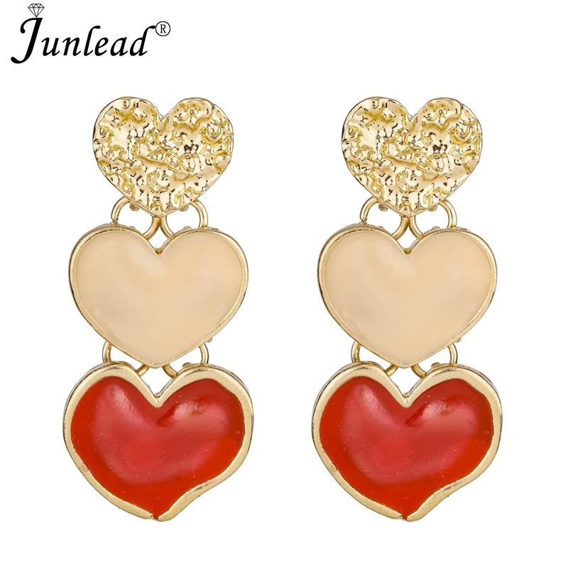 Junlead Hot Fashion Design Gold Alloy Drop Earrings Bohemian Colorful Red Sweet Heart Dangle for Girl's Love Jewelry | Украшения и