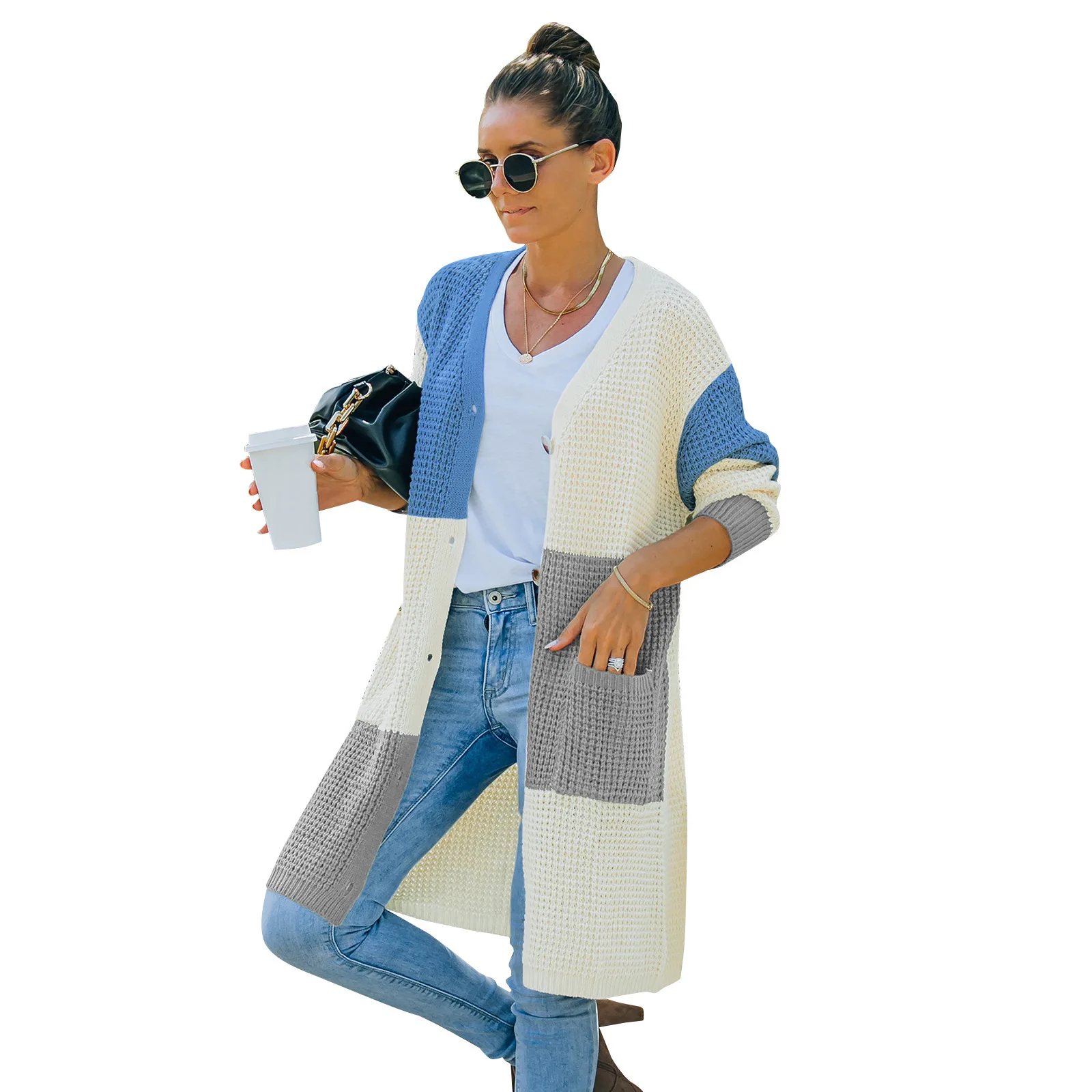 Autumn And Winter Fashion New Cardigan Sweater Women Long Sleeve Pockets Contrast Color Loose Sweater Elegant Single Breasted