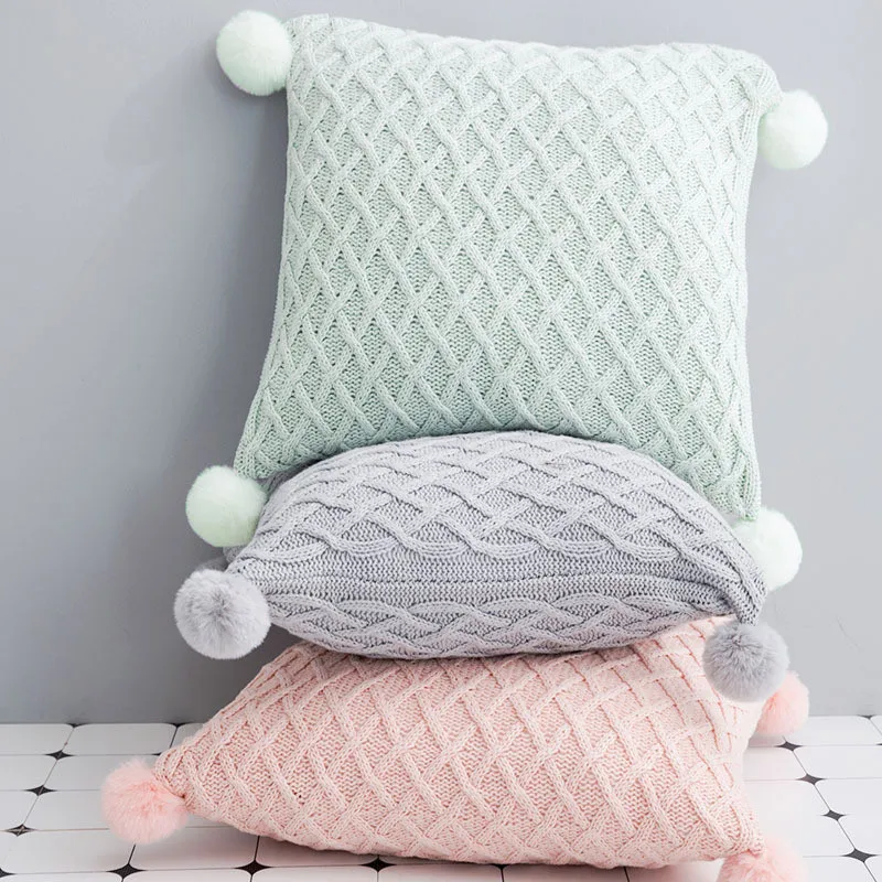 Pink Grey Cotton Plaid Knitted Blanket &Amp; Cushion Cover