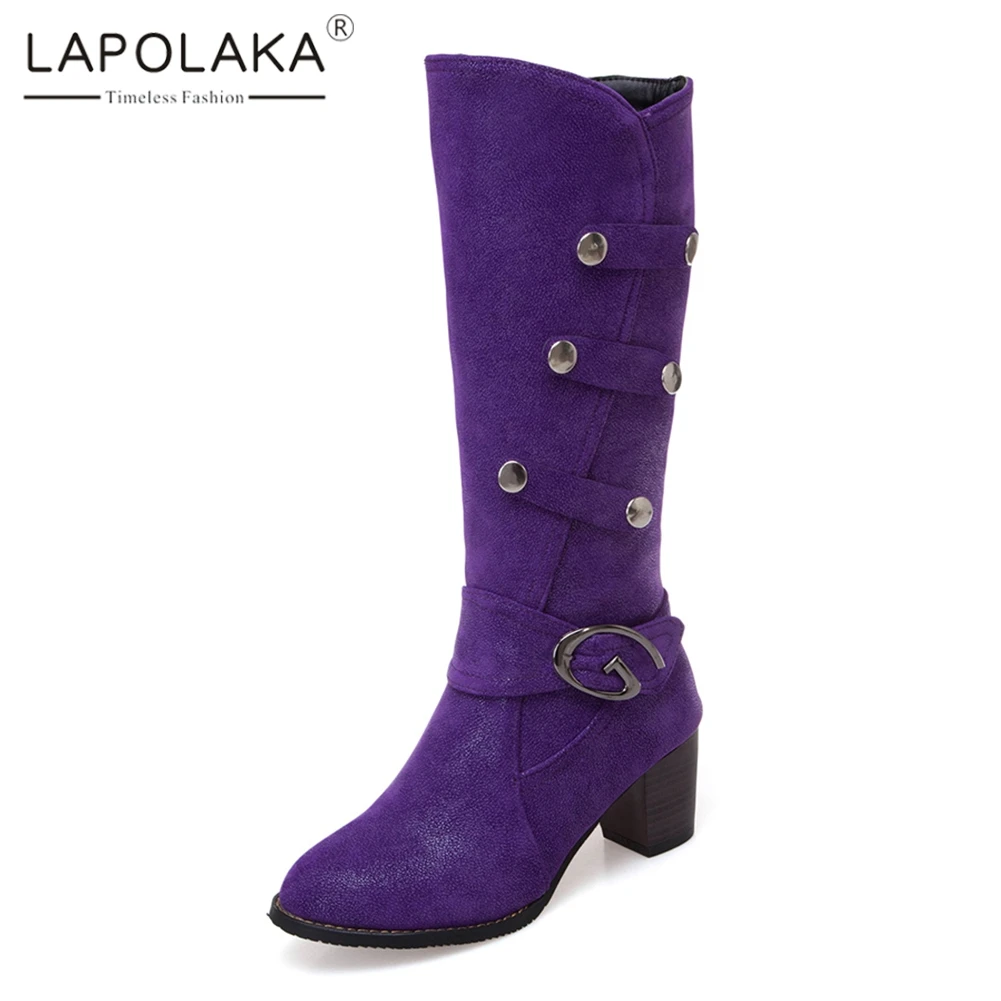 

Lapolaka 2019 New Arrivals Plus Size 34-48 Buckle Decoration Add Fur Mid Calf Boots Woman Shoes Chunky Heels Shoes Woman Boots