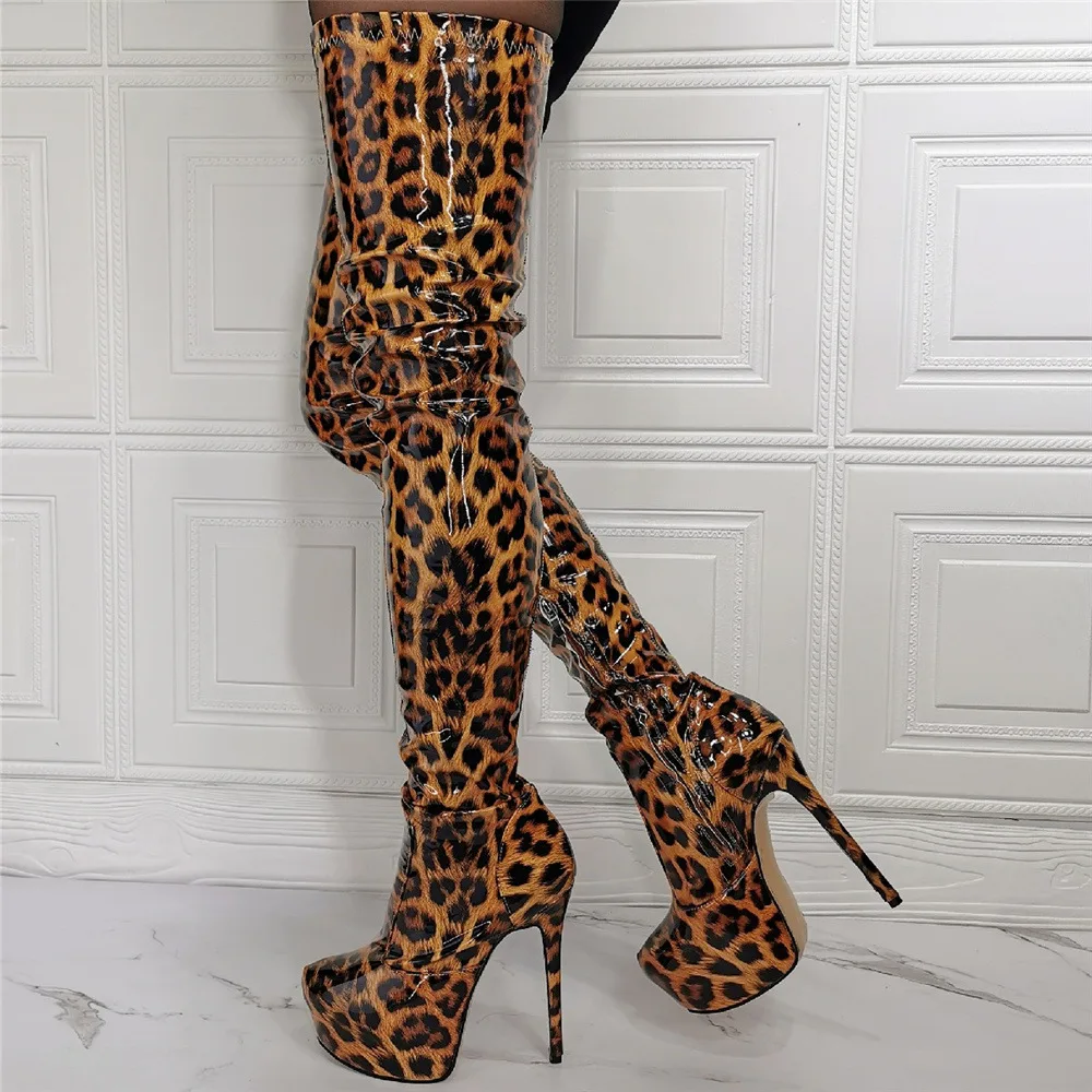 Kolnoo New Classic Eurolish Womens High Heels Over Knee Boots Patent Leopard Leather Sexy Thigh-high Boots Evening Fashion Shoes