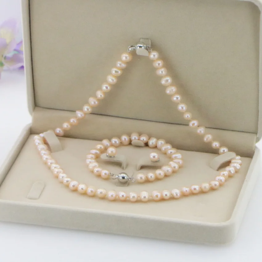 New Fashion Girl 6-7MM White real natural Pearl Necklace Bracelet Earring Wedding Jewelry Set Beads for Jewelry Making Woman Gif