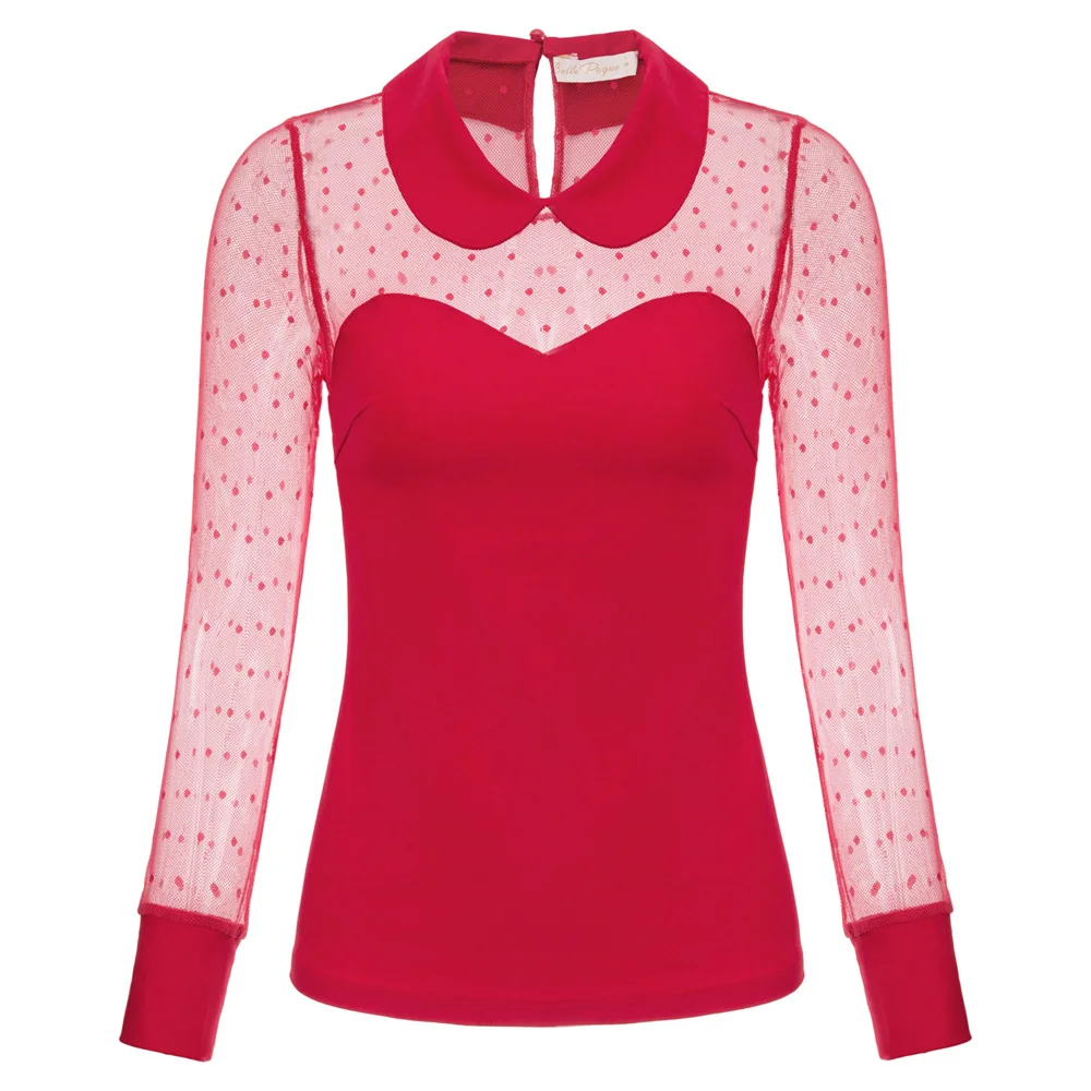 

OL shirt Women Mesh Patchwork Tops See-Through polka Dots Long Sleeve Doll Collar sweet retro elegant party office blouse lady