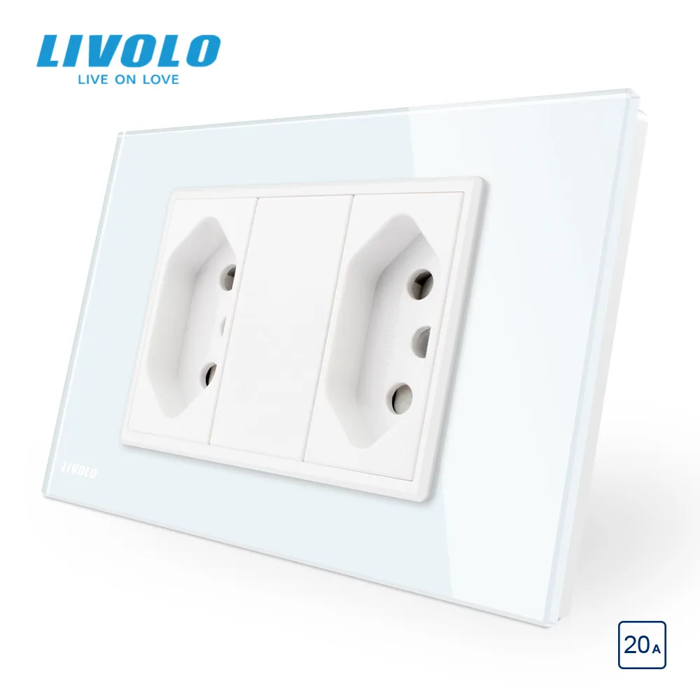 Розетка Livolo бразильская/итальянская стандартная 2 банды 3 контакта 20 А стеклянная