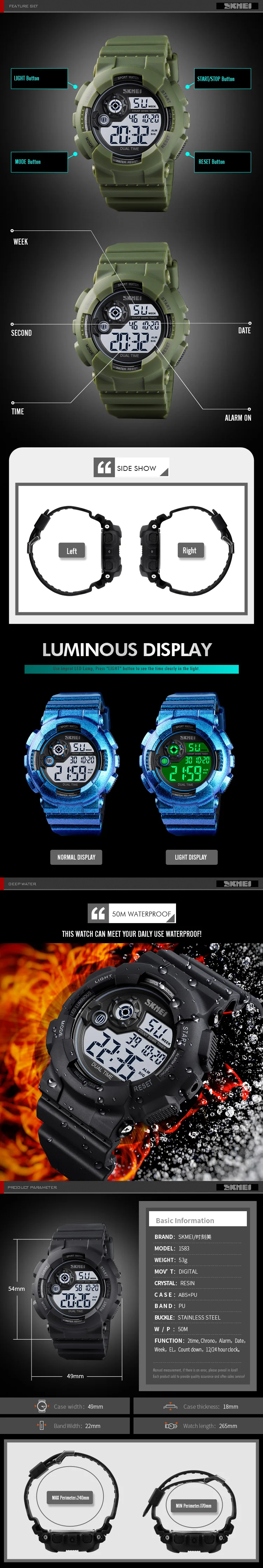 SKMEI Watch Luxury Men's Watches Waterproof Sport Watch Fashion Military Stopwatch Countdown Bracelet Men Watch Digital Clock