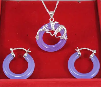 

25mm purple Fashion Jade stone dragon pendant hood earring Jades Jewelry set
