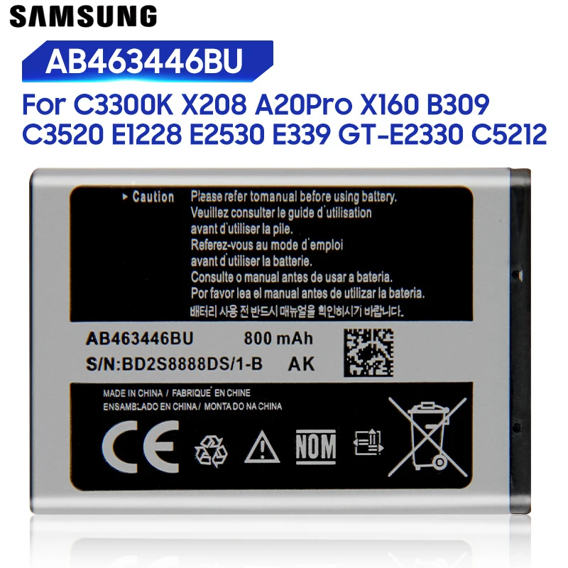 Оригинальная запасная батарея Samsung AB043446BE AB463446BU для X208 C3300K F299 B189 B309 X160 AB463446BC