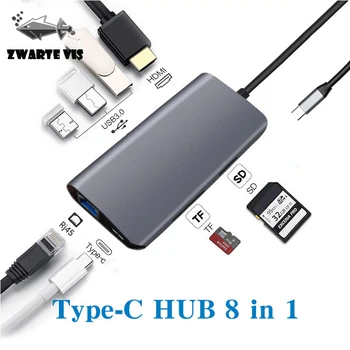 

8 in 1 TYPE-C to HDMI SD/TF USB 3.0 Rj45 4K HD HUB converter for macbook docking station for huawei Mate Book/P20/xiaomi laptop
