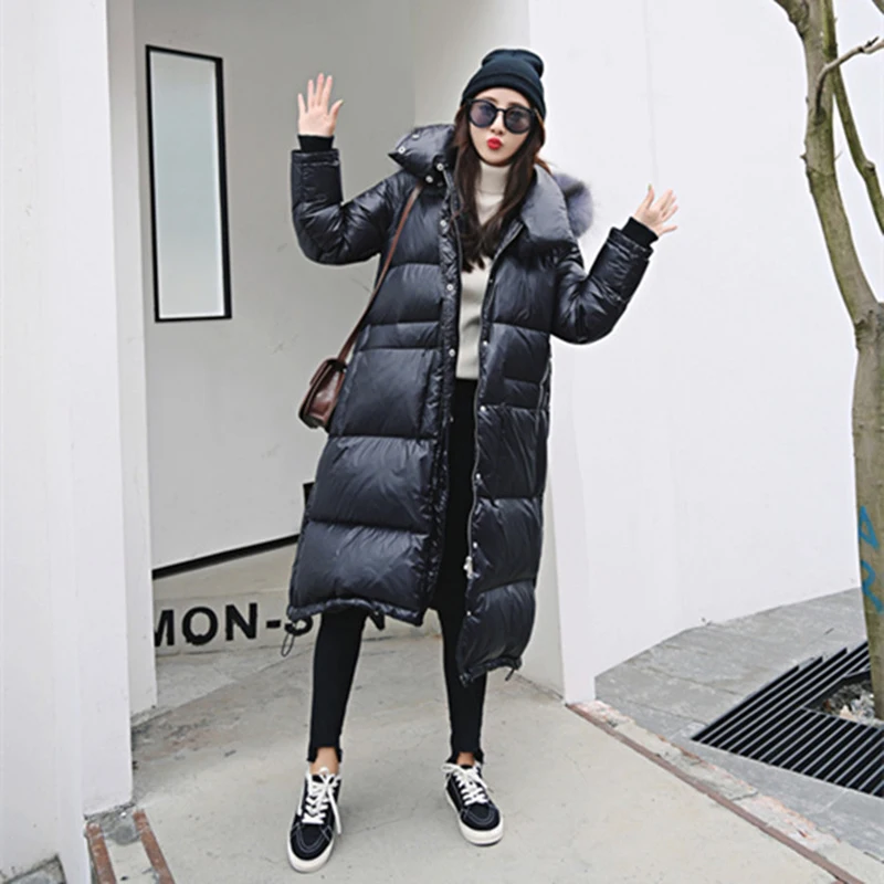 

Mid-long Women Down Garment Straight Type Quilt style Down Coat Removable wool-collar Casual Dress Pure Color Thickening Down