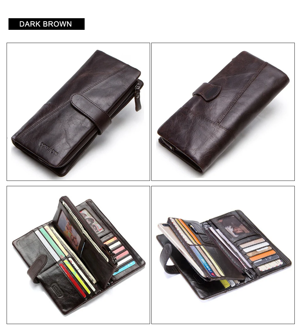 Contact's Genuine Leather Men's Long Wallet With Phone Bags Zipper Coin Pocket Purse Male Clutch Wallets For Men Portfel Small