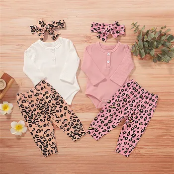 

3PCS Newborn Baby Kid Girls Clothes Tops Long Sleeve Bodysuit Romper Leopard Print Long Pants Leggings Bow Headwear Outfit 0-12M