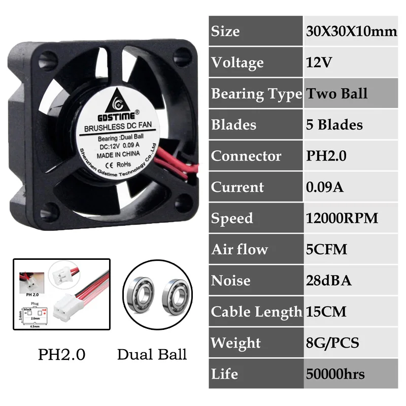 5 шт. Gdstime DC 24 в 12 В 5 в 3 см 30x30x10 мм 2Pin шарикоподшипник портативный вентилятор охлаждения Dupont 2,54 2,0 30 мм x 10 мм охладитель 3010 - Цвет лезвия: 0.09A3010B12V2P2.0